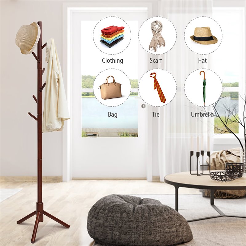 Costway Rubber Wood Two Heights Coat Rack with 8 Hooks in Walnut