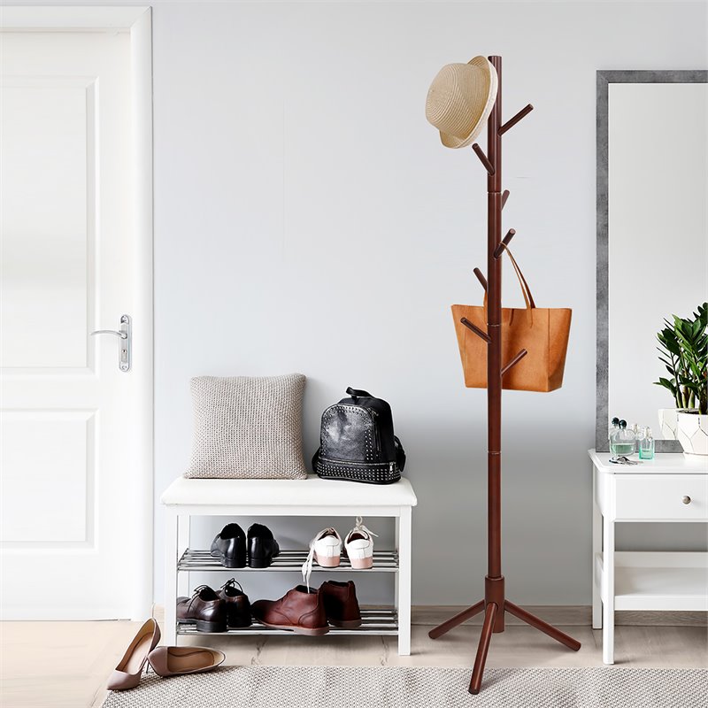 Costway Rubber Wood Two Heights Coat Rack with 8 Hooks in Walnut