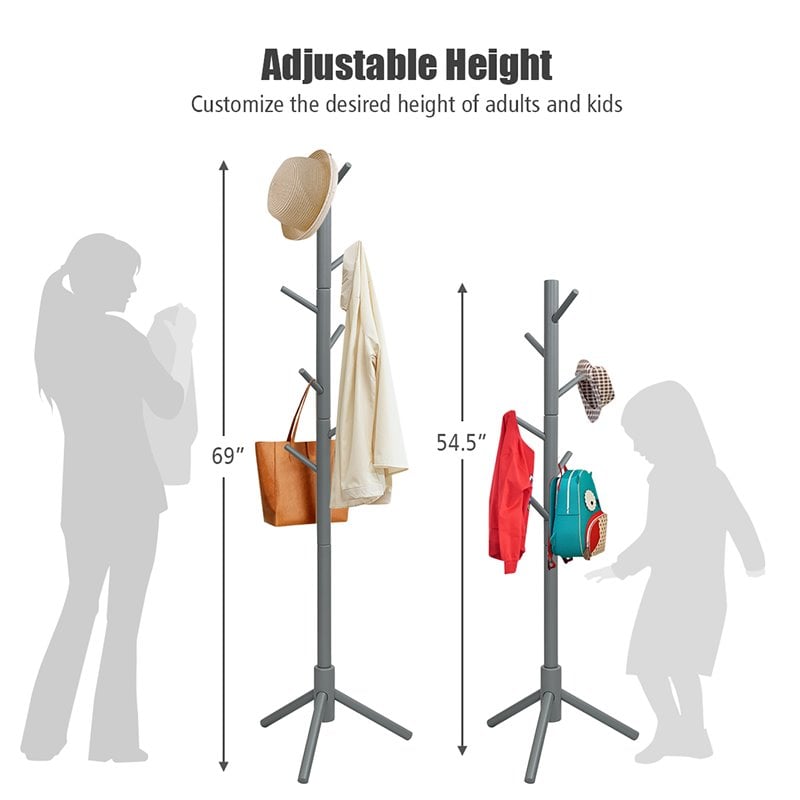 Costway Rubber Wood Two Heights Coat Rack with 8 Hooks in Gray