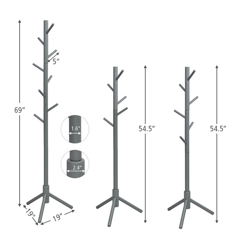 Costway Rubber Wood Two Heights Coat Rack with 8 Hooks in Gray