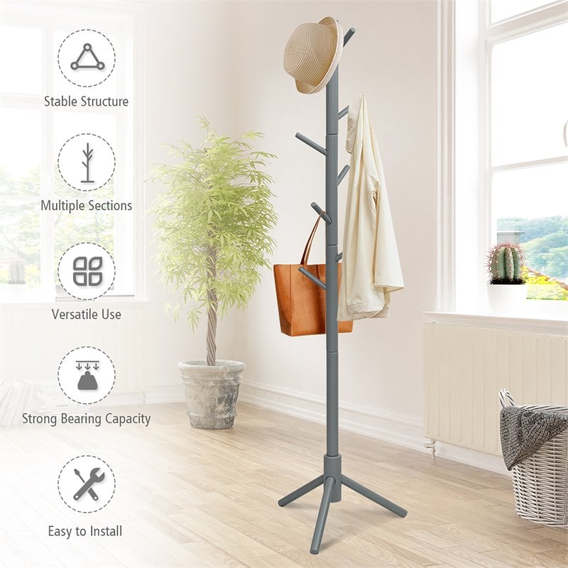 Costway Rubber Wood Two Heights Coat Rack with 8 Hooks in Gray
