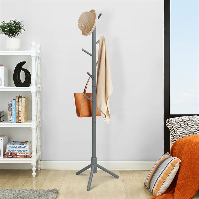 Costway Rubber Wood Two Heights Coat Rack with 8 Hooks in Gray