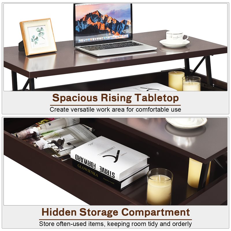 Costway Wood Lift Top Coffee Table with Hidden Compartment & Shelf in Brown