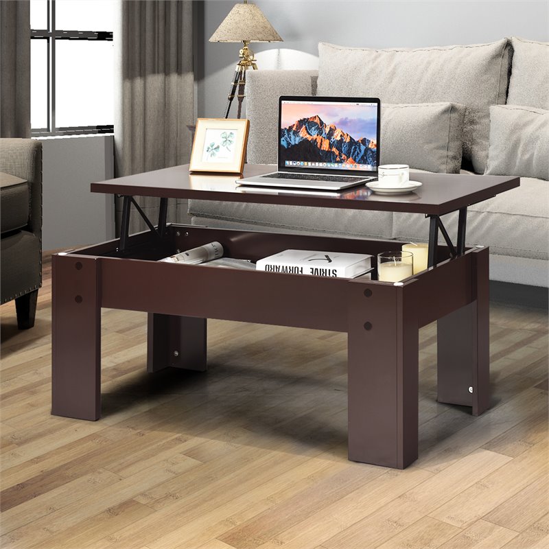 Costway Wood Lift Top Coffee Table with Hidden Compartment & Shelf in Brown