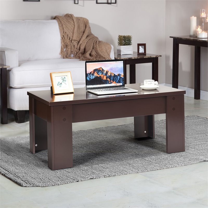 Costway Wood Lift Top Coffee Table with Hidden Compartment & Shelf in Brown