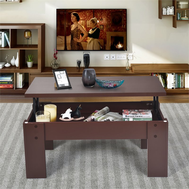 Costway Wood Lift Top Coffee Table with Hidden Compartment & Shelf in Brown