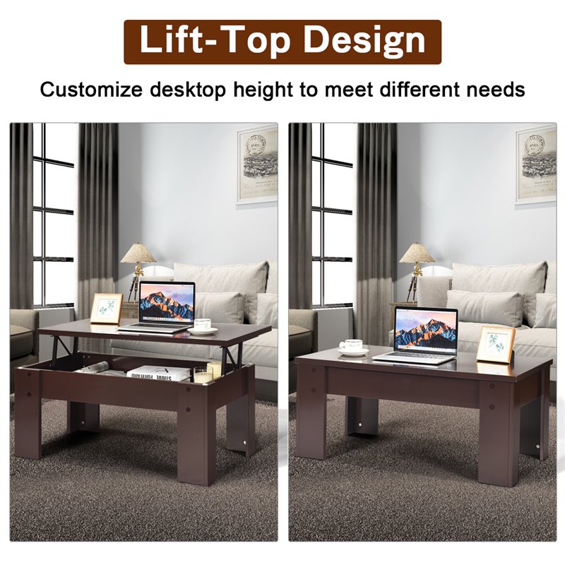 Costway Wood Lift Top Coffee Table with Hidden Compartment & Shelf in Brown