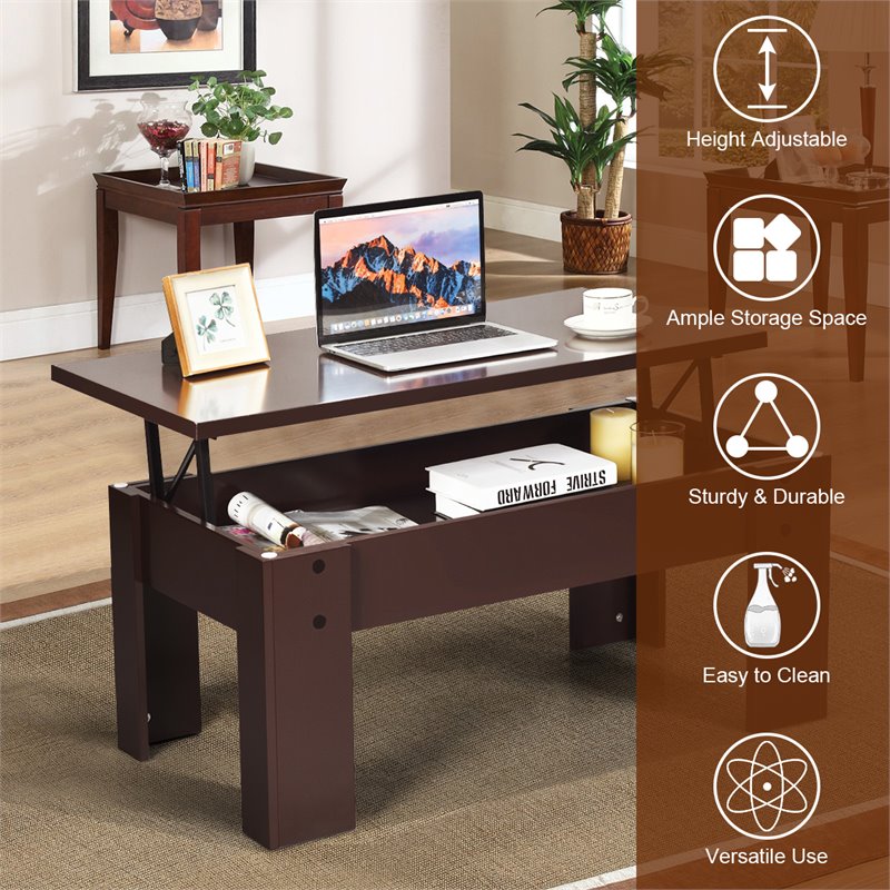 Costway Wood Lift Top Coffee Table with Hidden Compartment & Shelf in Brown