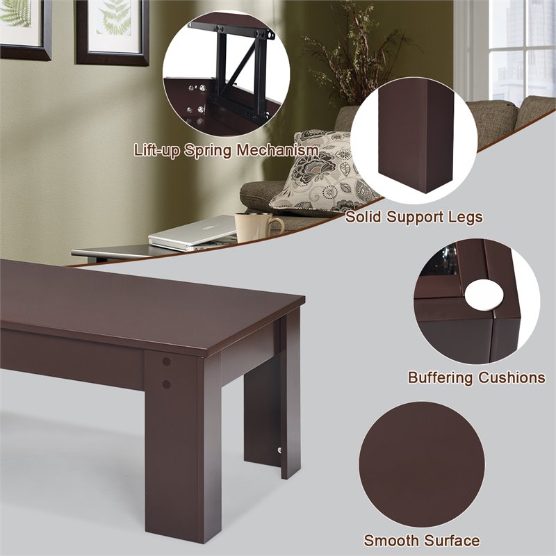 Costway Wood Lift Top Coffee Table with Hidden Compartment & Shelf in Brown