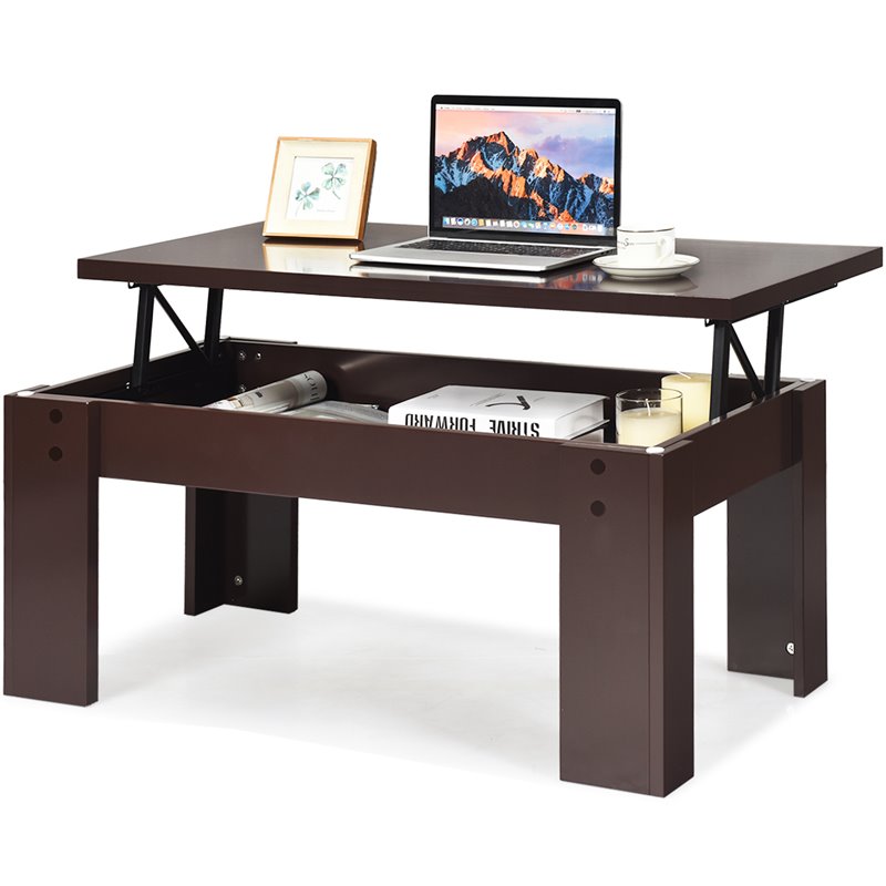 Costway Wood Lift Top Coffee Table with Hidden Compartment & Shelf in Brown