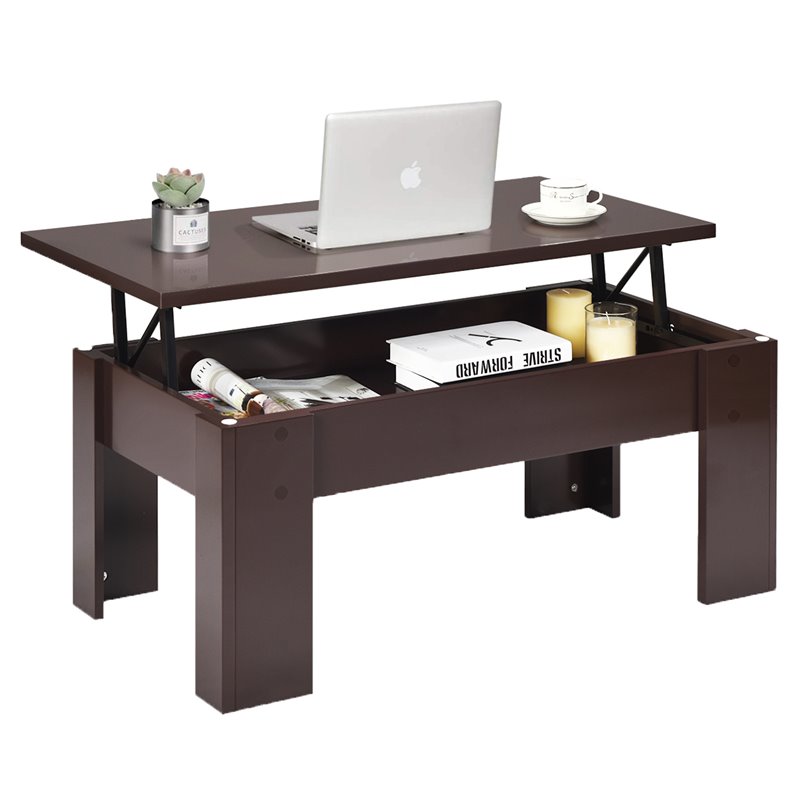 Costway Wood Lift Top Coffee Table with Hidden Compartment & Shelf in Brown