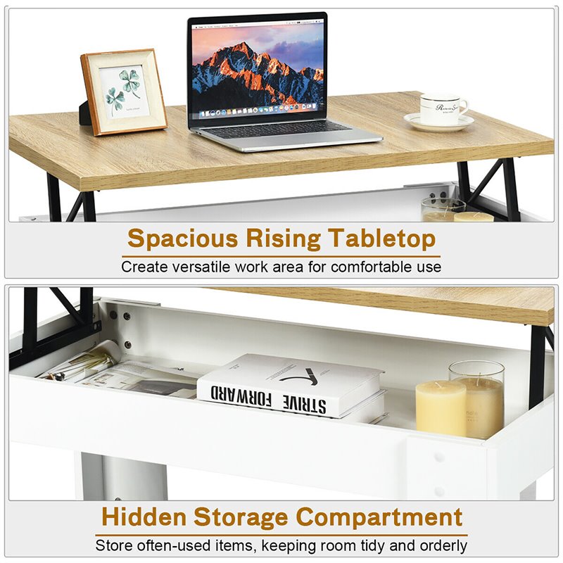 Costway Wood Lift Top Coffee Table with Hidden Compartment & Shelf in White