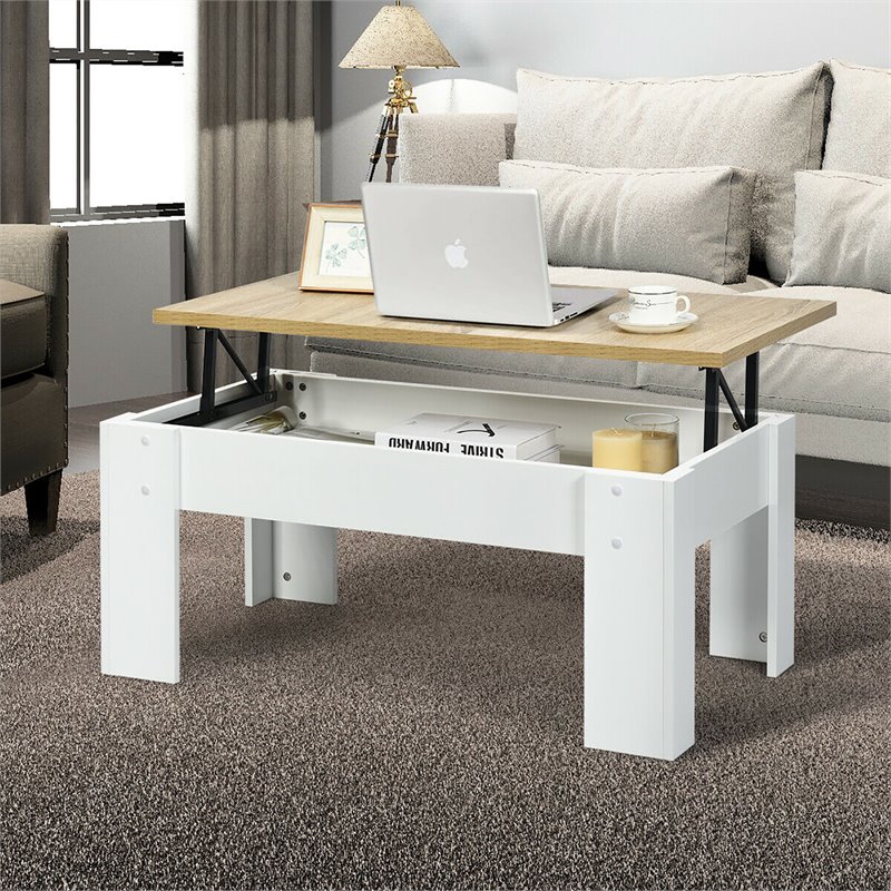 Costway Wood Lift Top Coffee Table with Hidden Compartment & Shelf in White