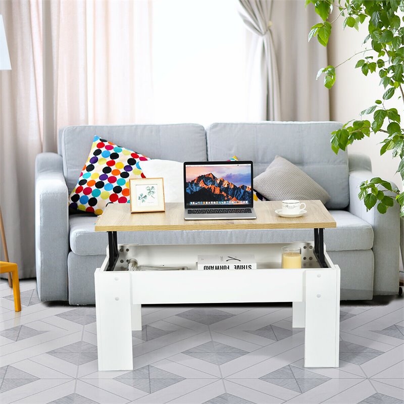 Costway Wood Lift Top Coffee Table with Hidden Compartment & Shelf in White