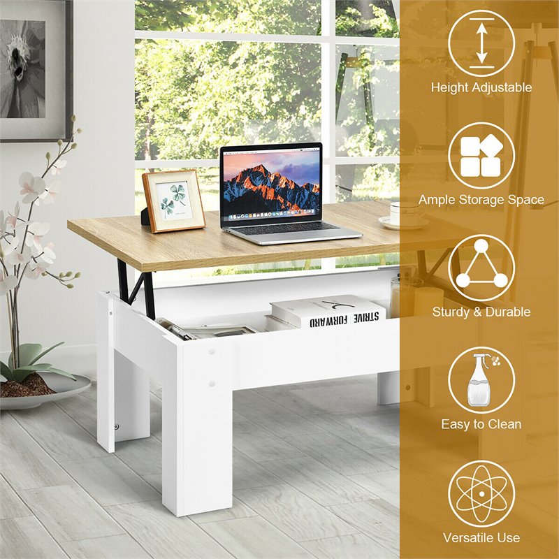 Costway Wood Lift Top Coffee Table with Hidden Compartment & Shelf in White