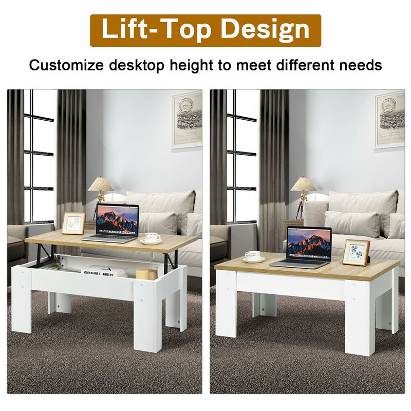 Costway Wood Lift Top Coffee Table with Hidden Compartment & Shelf in White