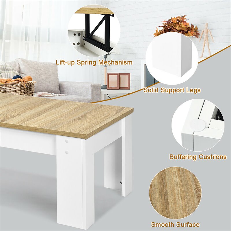Costway Wood Lift Top Coffee Table with Hidden Compartment & Shelf in White