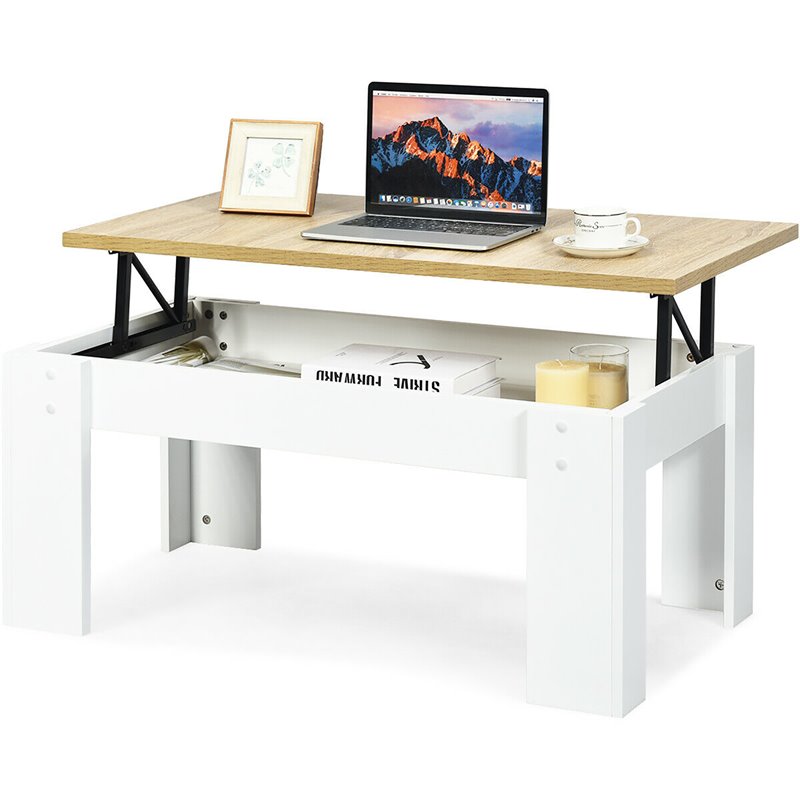 Costway Wood Lift Top Coffee Table with Hidden Compartment & Shelf in White