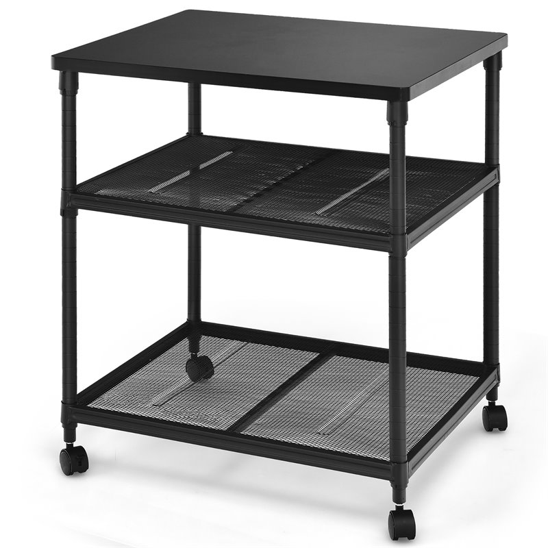 Costway 3-Tier Wood and Iron Rolling Fax Cart with Shelf & Swivel Wheel in Black