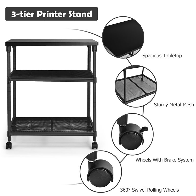 Costway 3-Tier Wood and Iron Rolling Fax Cart with Shelf & Swivel Wheel in Black