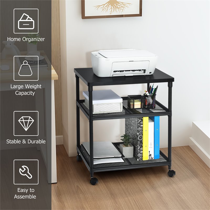 Costway 3-Tier Wood and Iron Rolling Fax Cart with Shelf & Swivel Wheel in Black