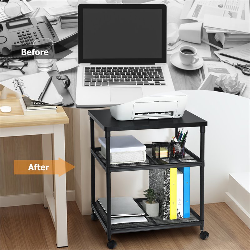 Costway 3-Tier Wood and Iron Rolling Fax Cart with Shelf & Swivel Wheel in Black