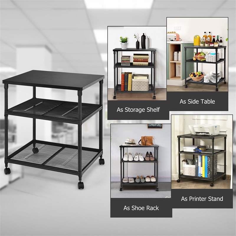 Costway 3-Tier Wood and Iron Rolling Fax Cart with Shelf & Swivel Wheel in Black