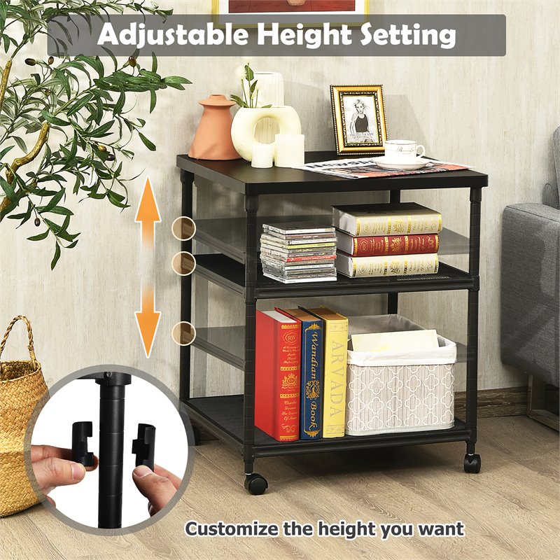 Costway 3-Tier Wood and Iron Rolling Fax Cart with Shelf & Swivel Wheel in Black