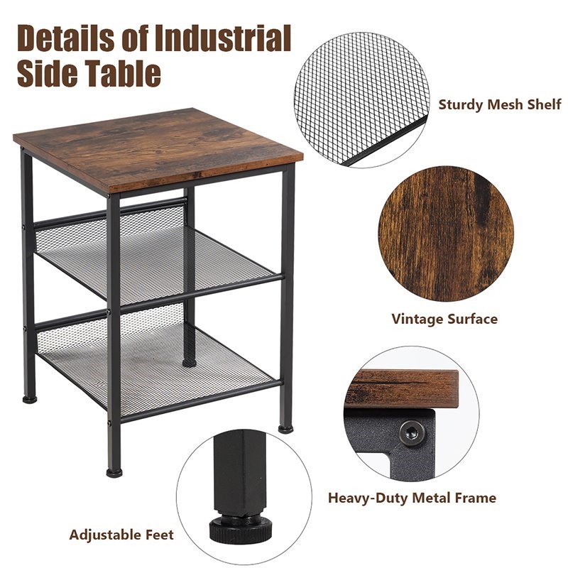 Costway 3-Tier End Side Table/Nightstand with 2 Adjustable Shelves in Brown
