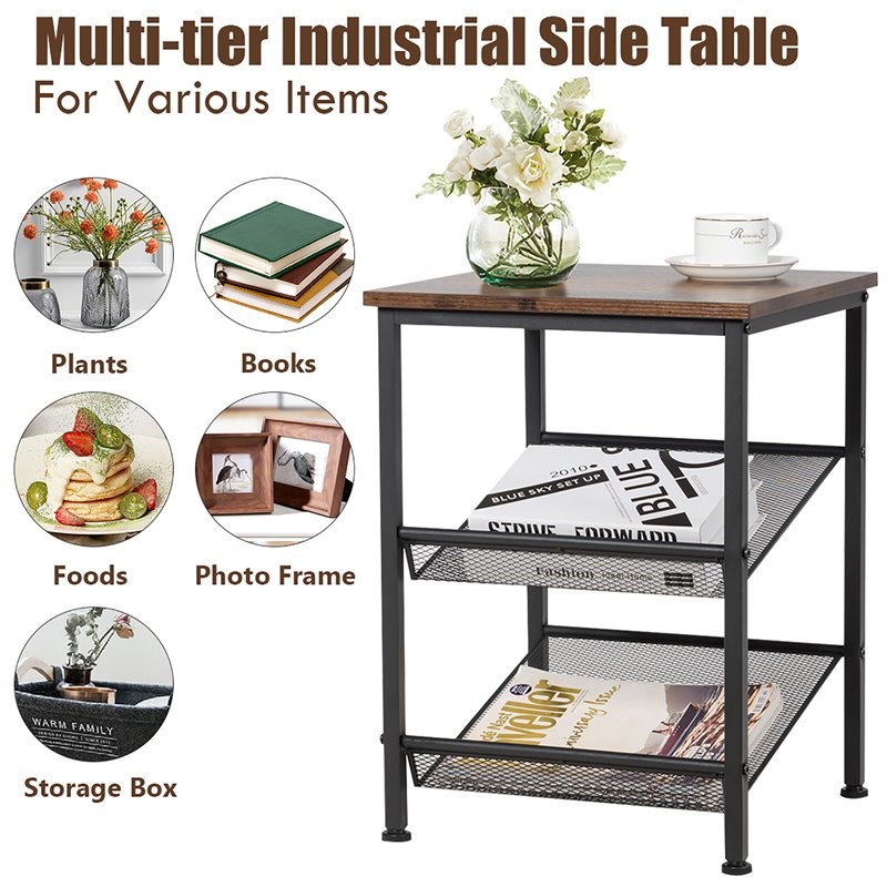 Costway 3-Tier End Side Table/Nightstand with 2 Adjustable Shelves in Brown