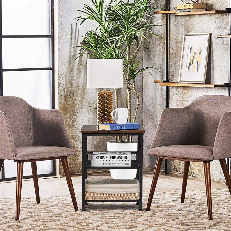 Costway 3-Tier End Side Table/Nightstand with 2 Adjustable Shelves in Brown