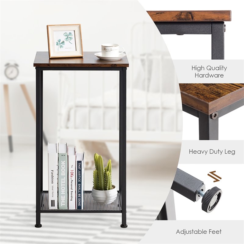 Costway 2-tier Particle Board & Steel Side Table with Mesh Shelf in Rustic Brown