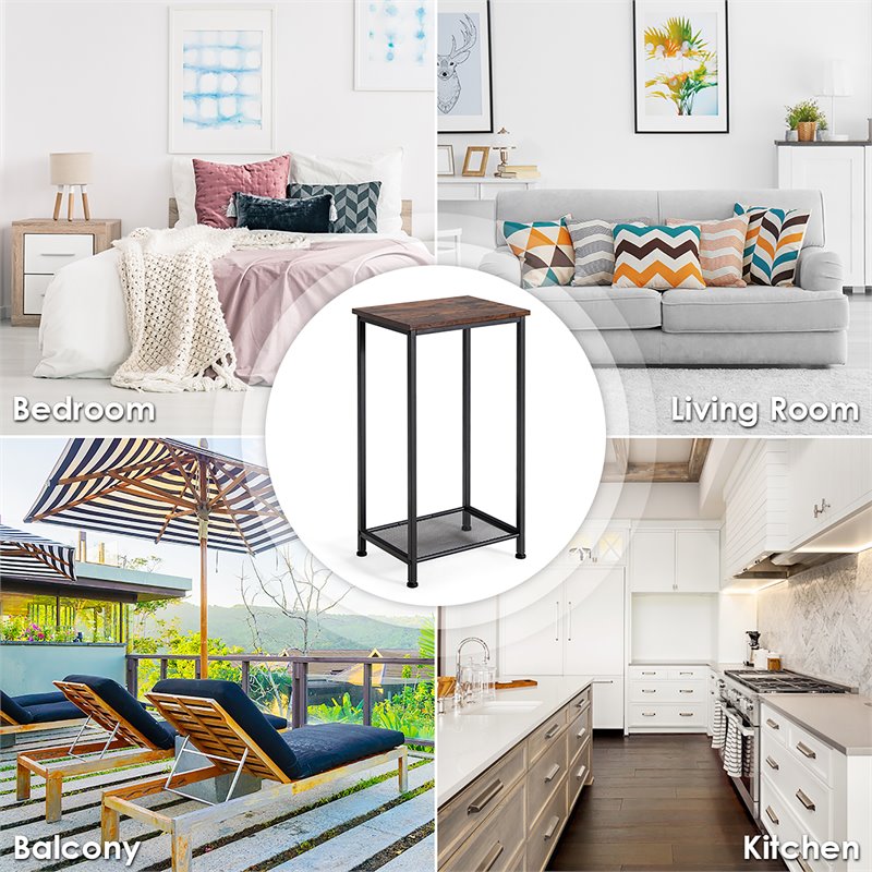 Costway 2-tier Particle Board & Steel Side Table with Mesh Shelf in Rustic Brown