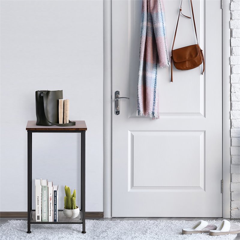 Costway 2-tier Particle Board & Steel Side Table with Mesh Shelf in Rustic Brown