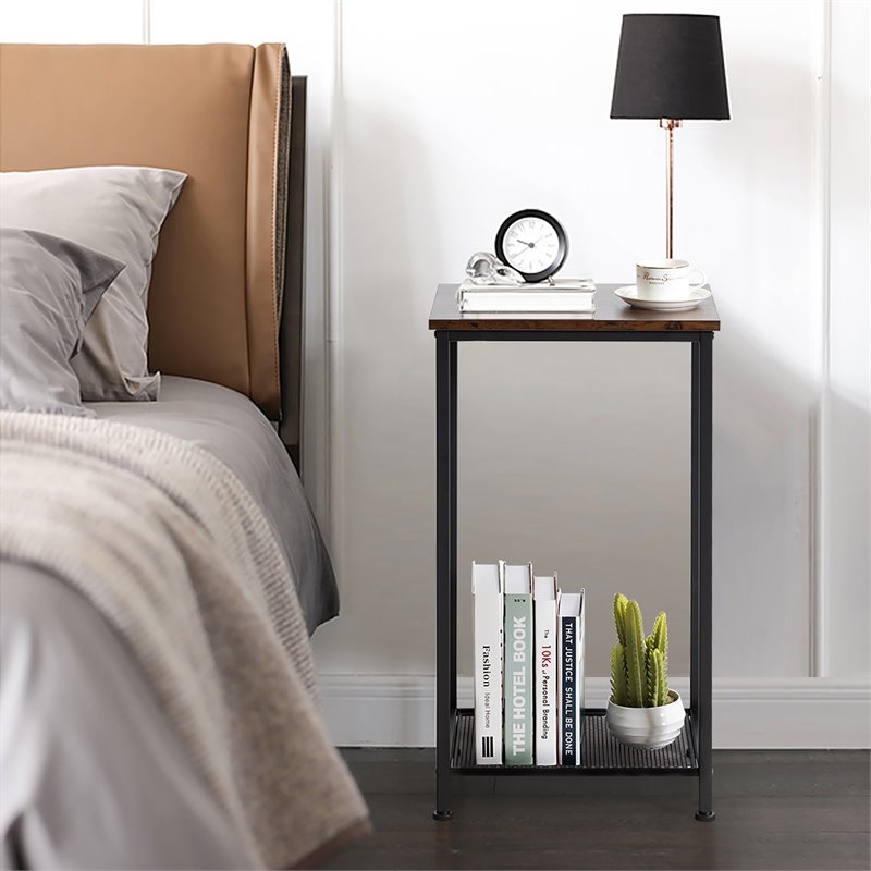 Costway 2-tier Particle Board & Steel Side Table with Mesh Shelf in Rustic Brown