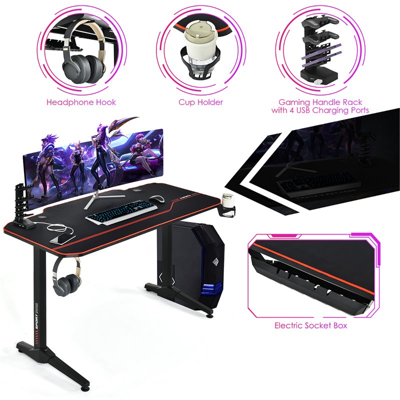 Costway 55'' T-Shaped Wood Computer Desk with Full Desk Mouse Pad in Black