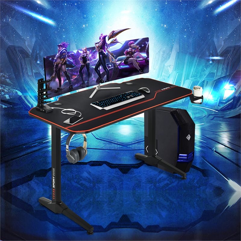 Costway 55'' T-Shaped Wood Computer Desk w/ Full Desk Mouse Pad in Black Finish