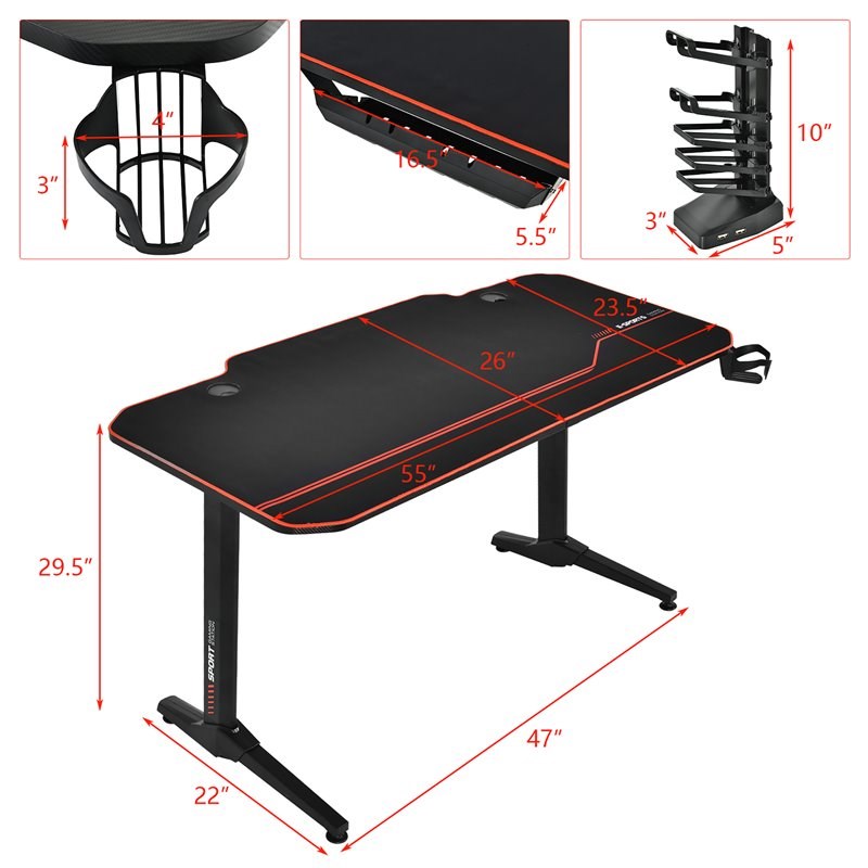 Costway 55'' T-Shaped Wood Computer Desk w/ Full Desk Mouse Pad in Black Finish