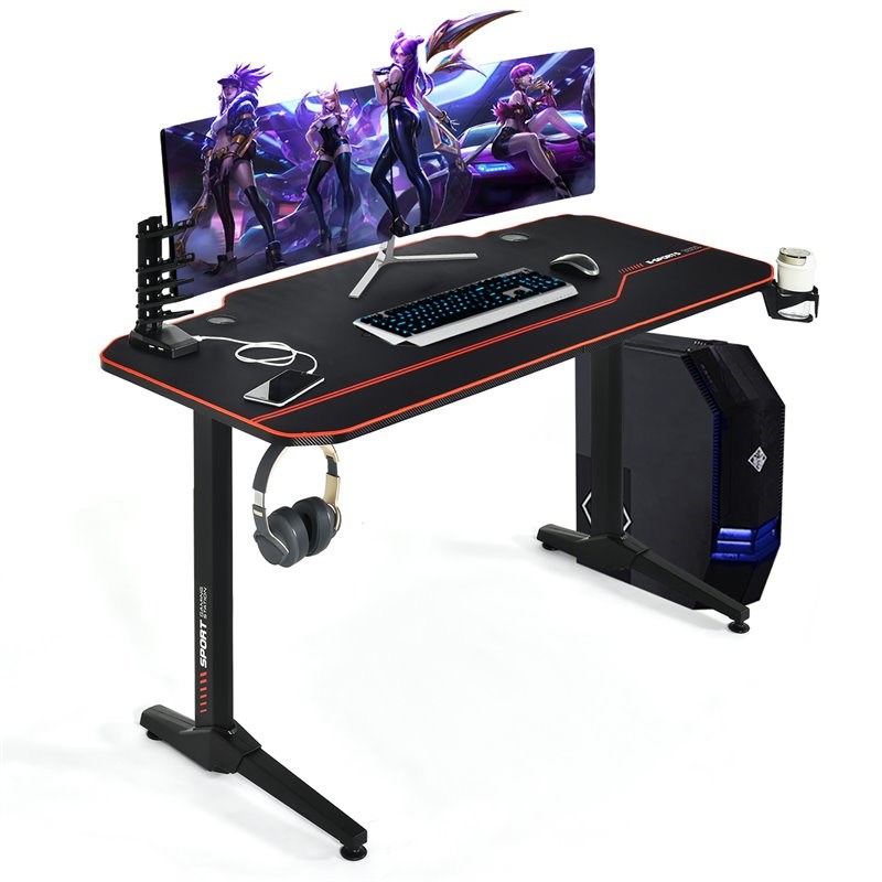 Costway 55'' T-Shaped Wood Computer Desk w/ Full Desk Mouse Pad in Black Finish
