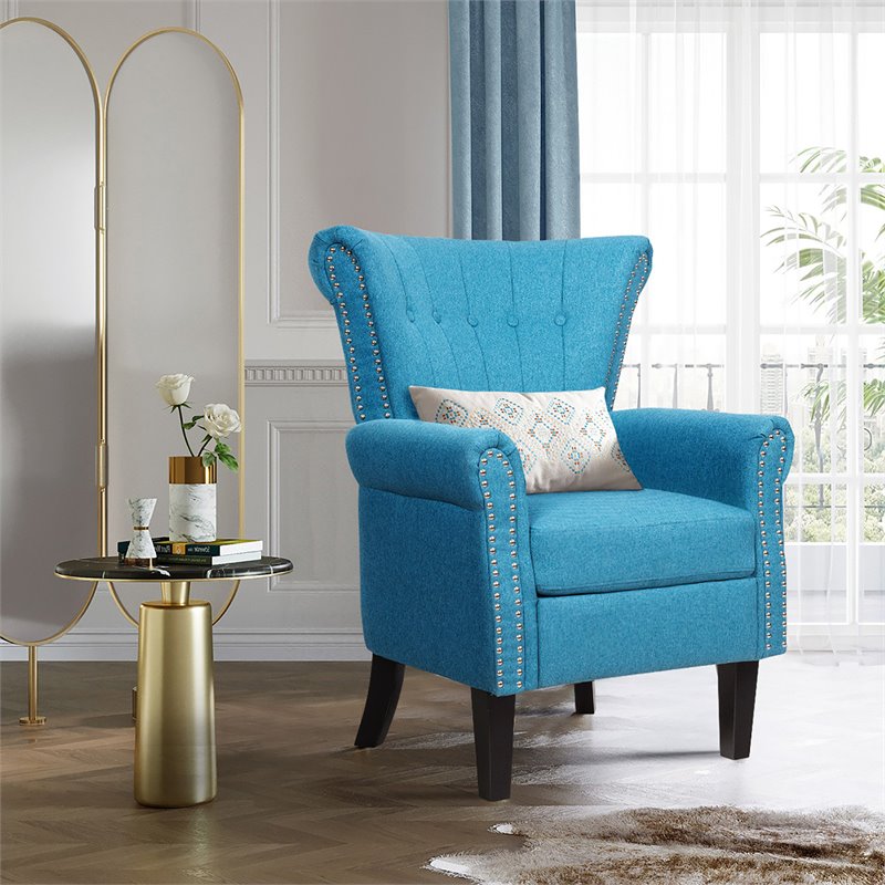Costway Tufted Upholstered Modern Single Sofa with Rubber Wood Legs in Blue