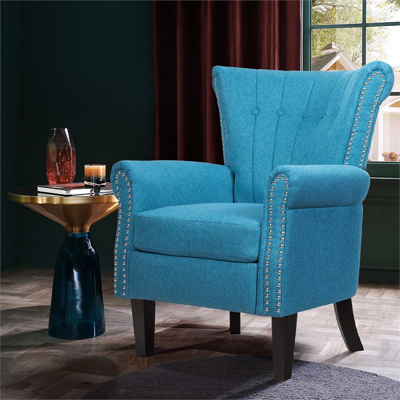 Costway Tufted Upholstered Modern Single Sofa with Rubber Wood Legs in Blue