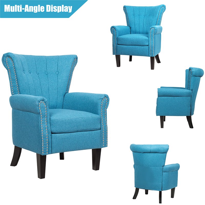 Costway Tufted Upholstered Modern Single Sofa with Rubber Wood Legs in Blue
