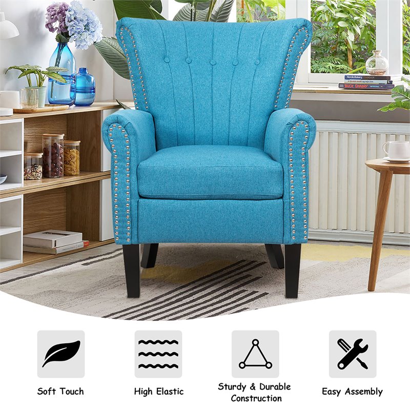 Costway Tufted Upholstered Modern Single Sofa with Rubber Wood Legs in Blue