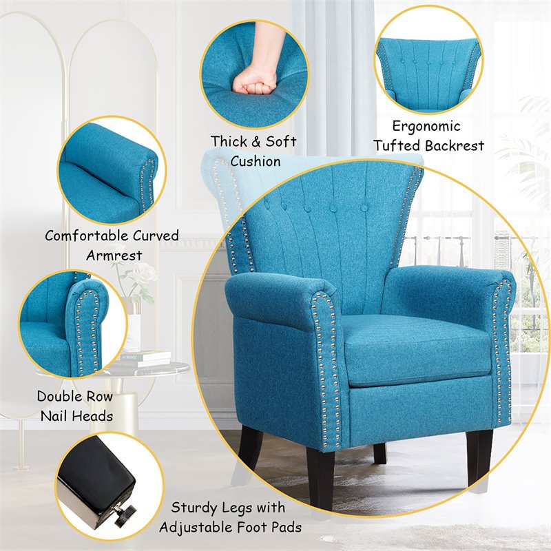 Costway Tufted Upholstered Modern Single Sofa with Rubber Wood Legs in Blue