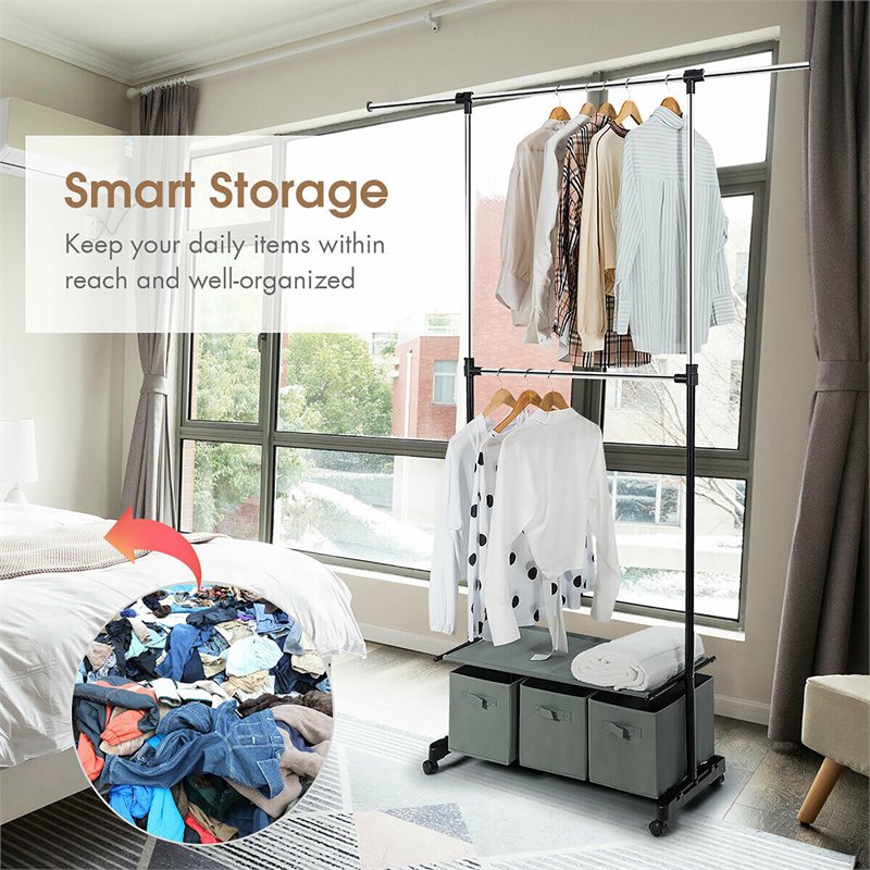 Costway 2-Rod Adjustable Garment Rack Rolling Clothes Organizer in Gray