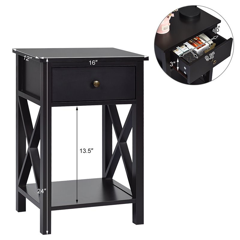 Costway Contemporary MDF Nightstand with Drawer and Shelf in Brown