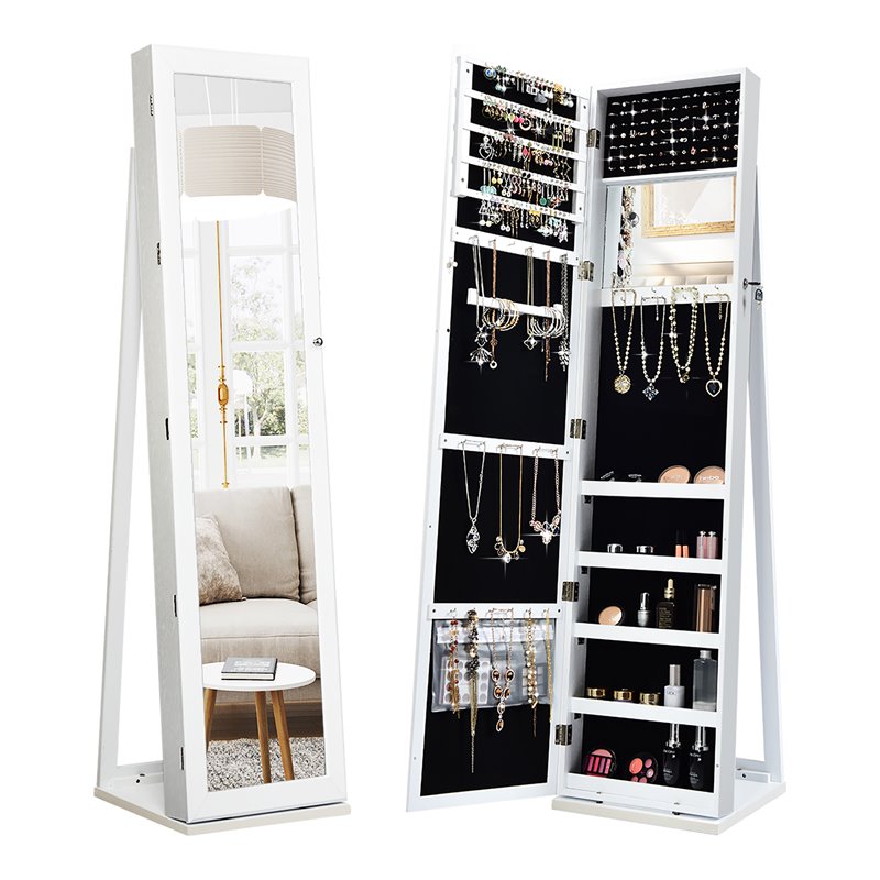 Costway Mirrored Jewelry Cabinet Lockable Standing Storage Organizer in White