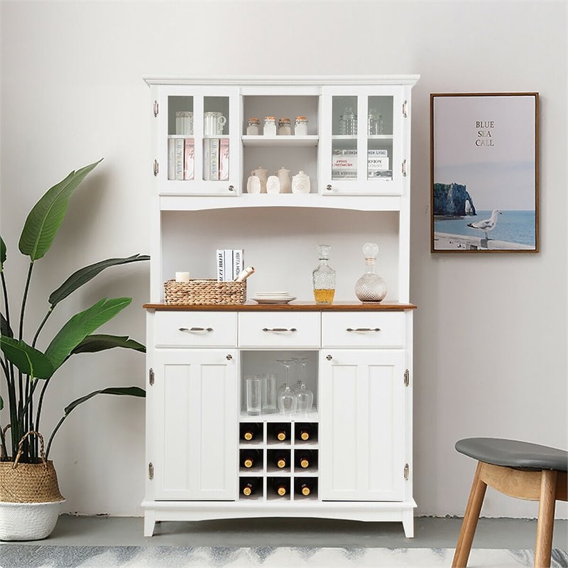 Costway Buffet & Hutch Kitchen Storage Cabinet Cupboard with Wine Rack in White