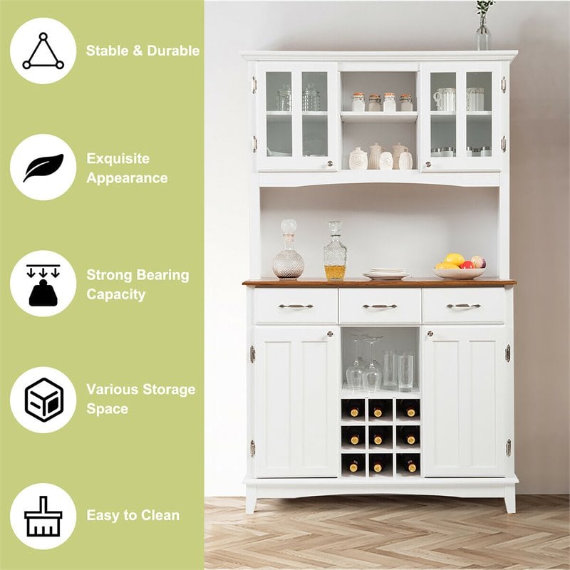Costway Buffet & Hutch Kitchen Storage Cabinet Cupboard with Wine Rack in White