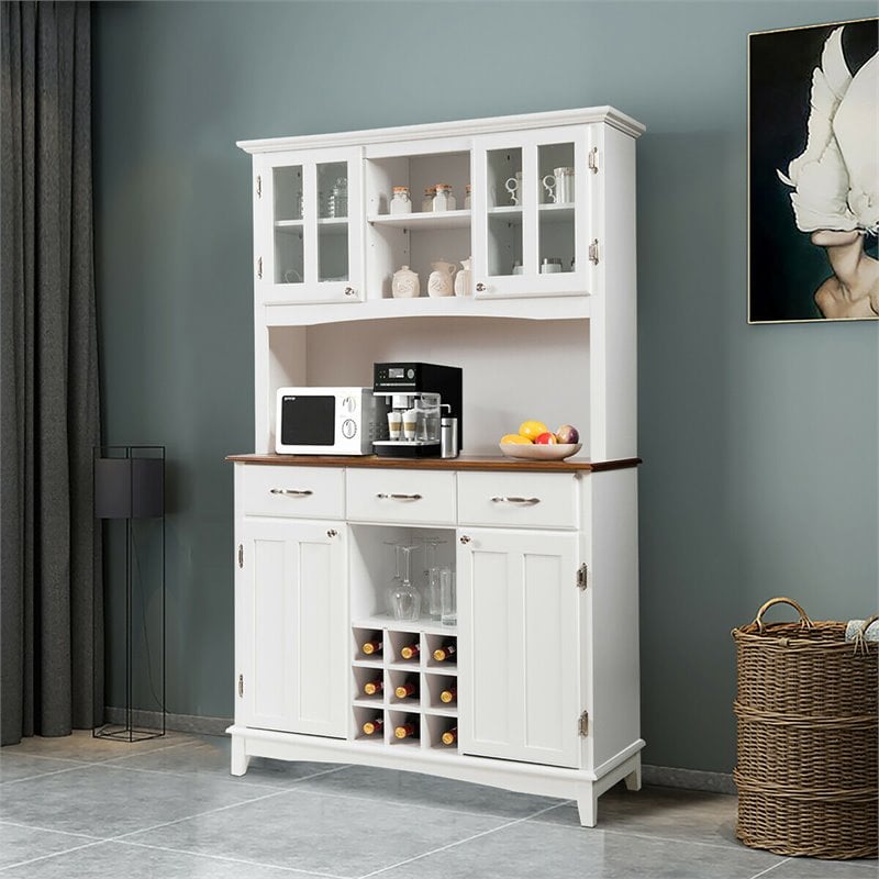 Costway Buffet & Hutch Kitchen Storage Cabinet Cupboard with Wine Rack in White